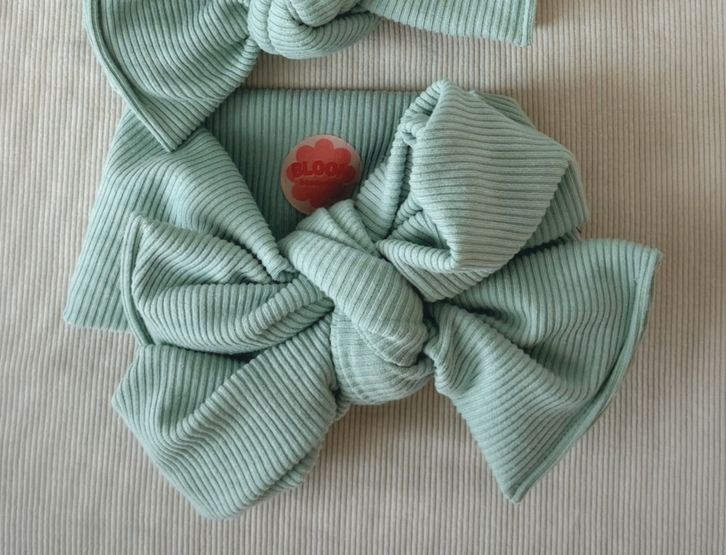 Oversized Bow Seafoam Mini Ribbed Tie On Headwrap