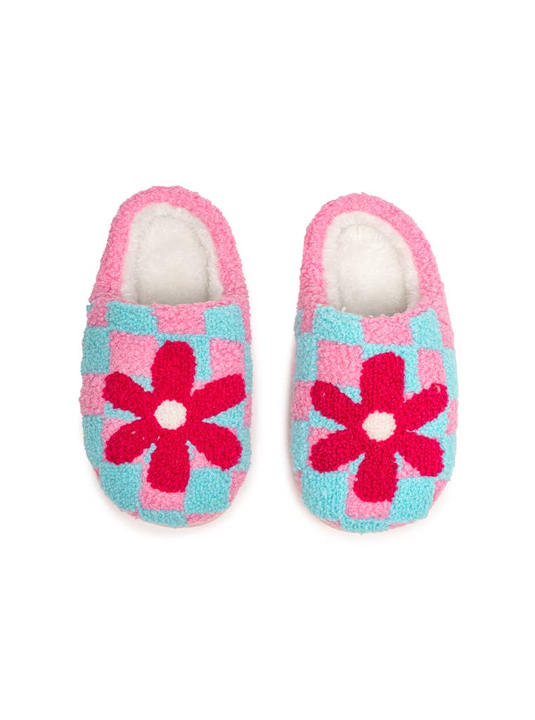 Slippers Checker w/Red Flower -Pink