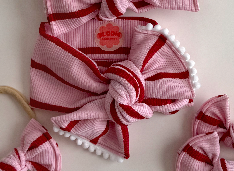 Red + Pink Stripe Ribbed Tie On Headwrap