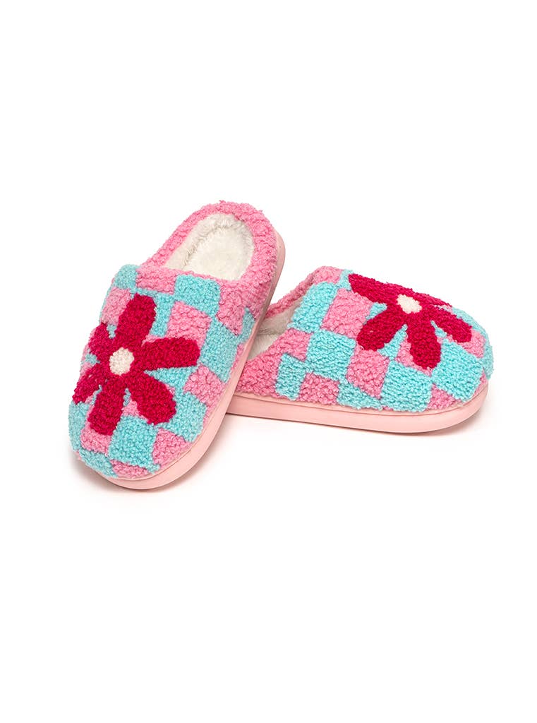 Slippers Checker w/Red Flower -Pink