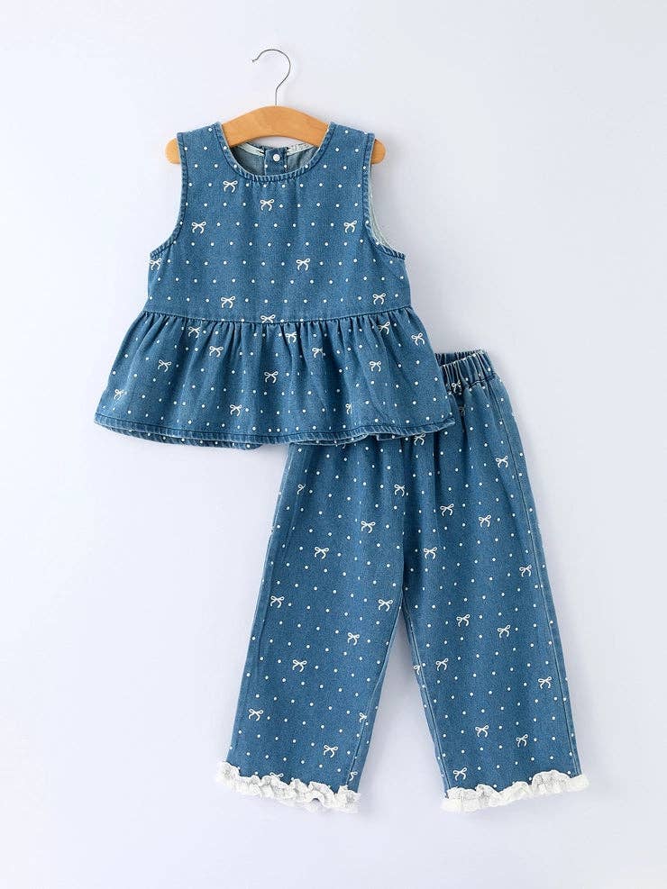 Bow & Dot Denim Ruffle Set