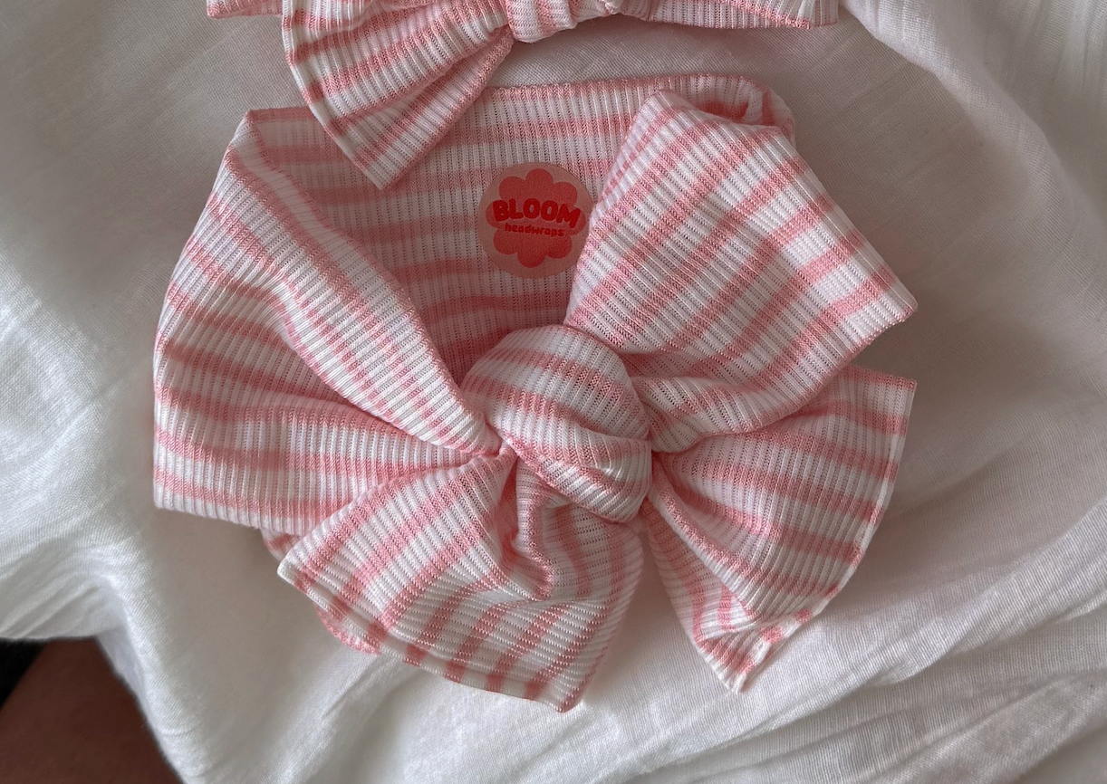 Oversized Bow Strawberry Milk Stripe Tie On Headwrap